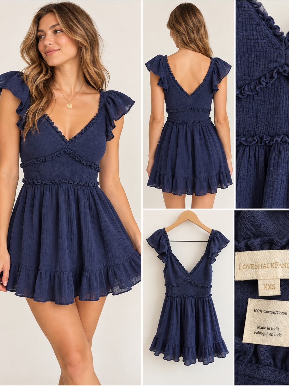 LoveShackFancy Navy Blue Ruffle Flutter Sleeve Mini Dress XXS